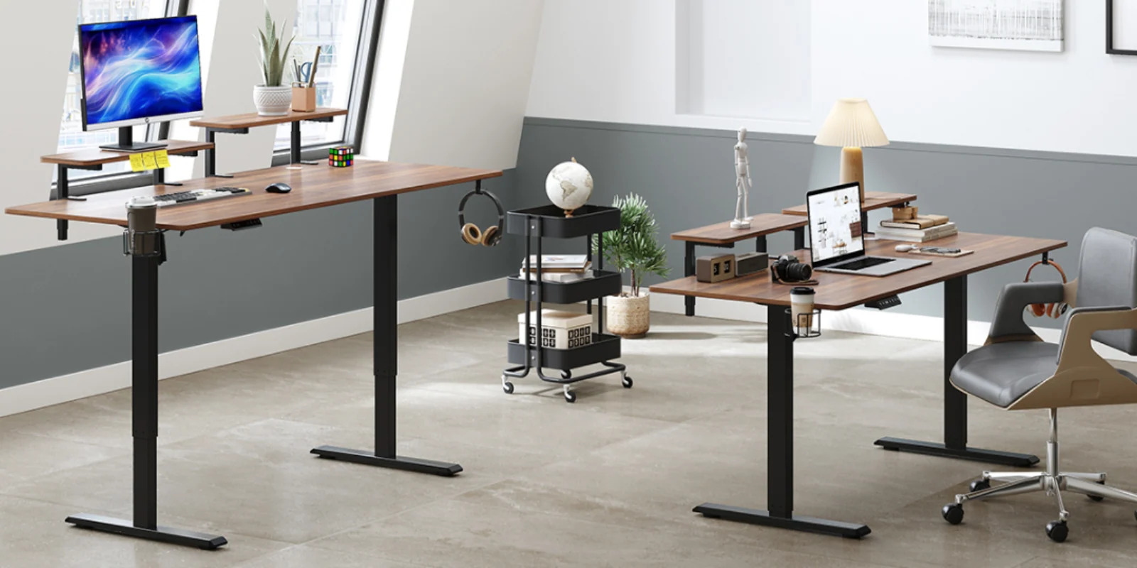 (Discontinued) 63 x 24 Inch Electric Standing Desk. Home Office Stand Up Desk with 2 Adjustable Monitor Shelves. Adjustable Computer Desk with Cup Holder and Hook