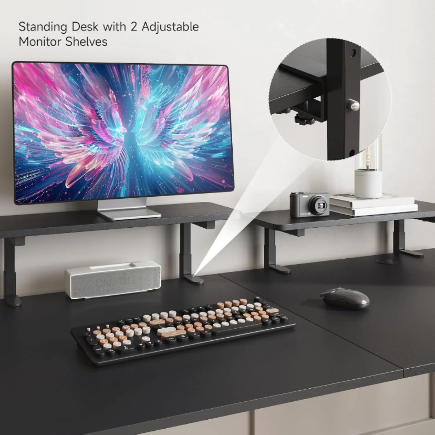 (Discontinued) 63 x 24 Inch Electric Standing Desk. Home Office Stand Up Desk with 2 Adjustable Monitor Shelves. Adjustable Computer Desk with Cup Holder and Hook