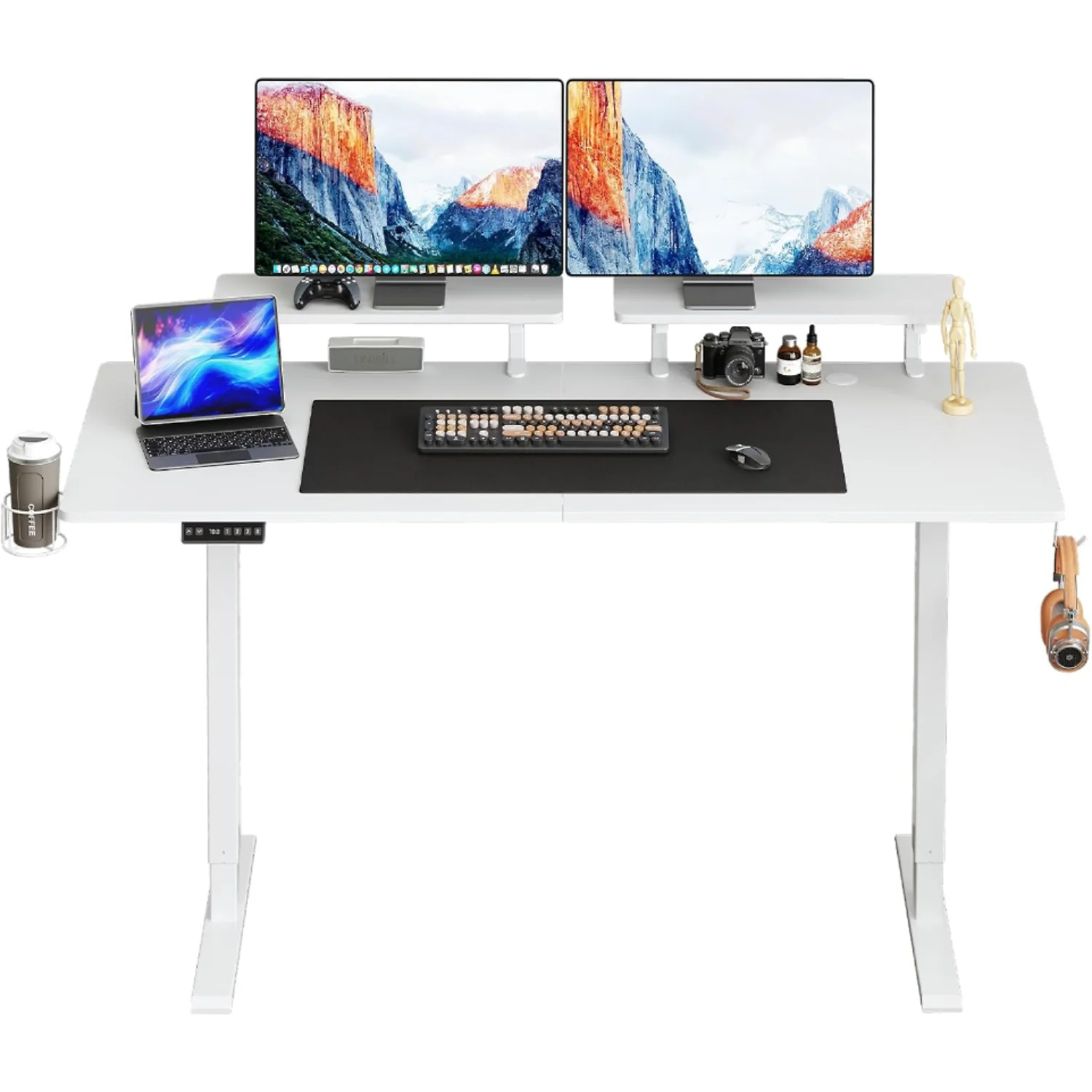 (Discontinued) 63 x 24 Inch Electric Standing Desk. Home Office Stand Up Desk with 2 Adjustable Monitor Shelves. Adjustable Computer Desk with Cup Holder and Hook