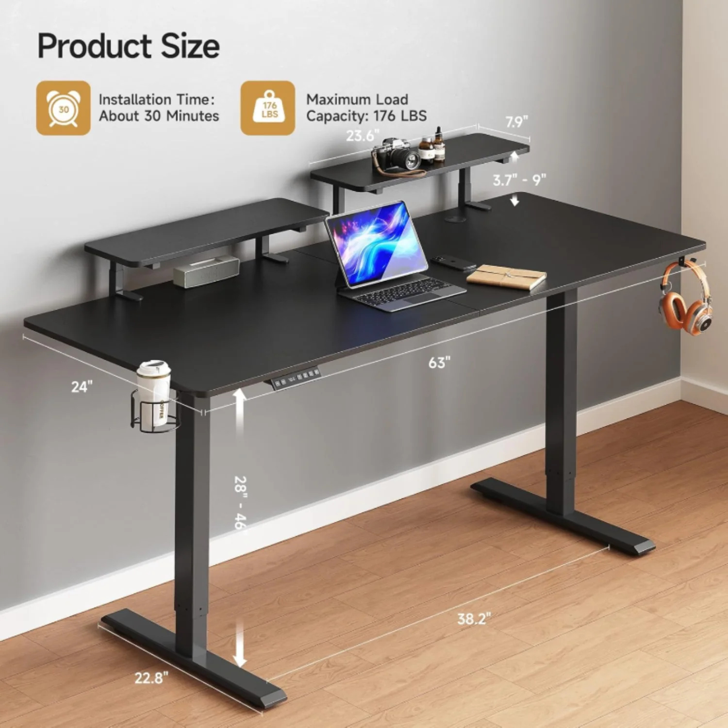 (Discontinued) 63 x 24 Inch Electric Standing Desk. Home Office Stand Up Desk with 2 Adjustable Monitor Shelves. Adjustable Computer Desk with Cup Holder and Hook