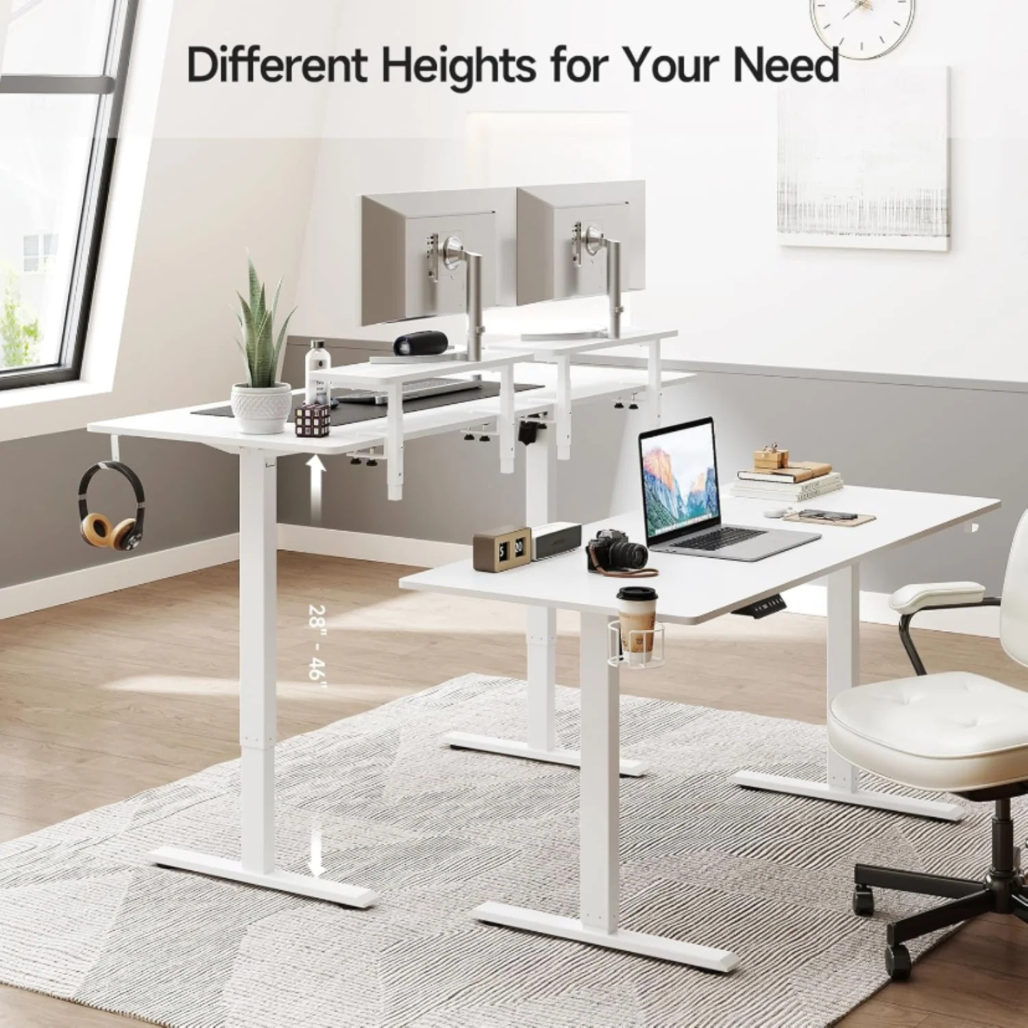 (Discontinued) 63 x 24 Inch Electric Standing Desk. Home Office Stand Up Desk with 2 Adjustable Monitor Shelves. Adjustable Computer Desk with Cup Holder and Hook