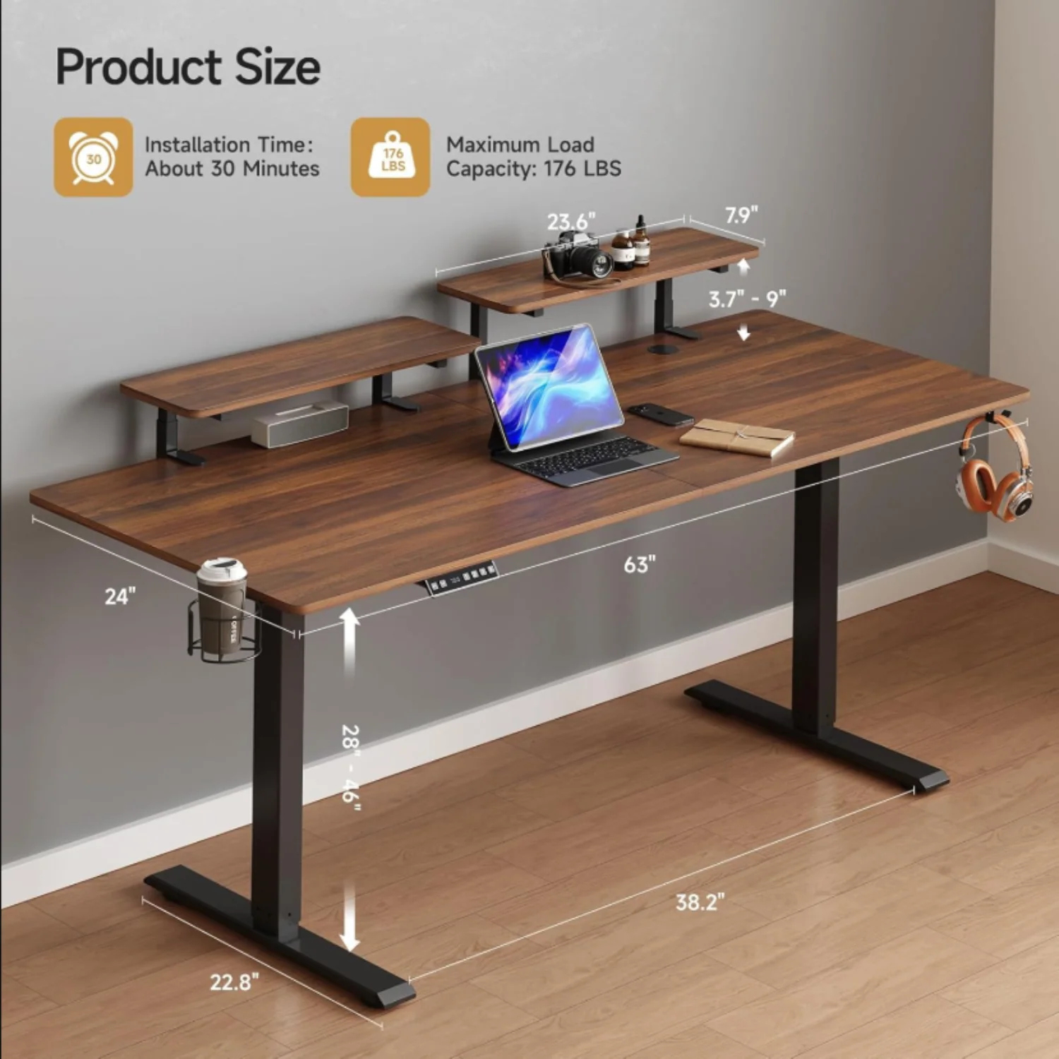 (Discontinued) 63 x 24 Inch Electric Standing Desk. Home Office Stand Up Desk with 2 Adjustable Monitor Shelves. Adjustable Computer Desk with Cup Holder and Hook
