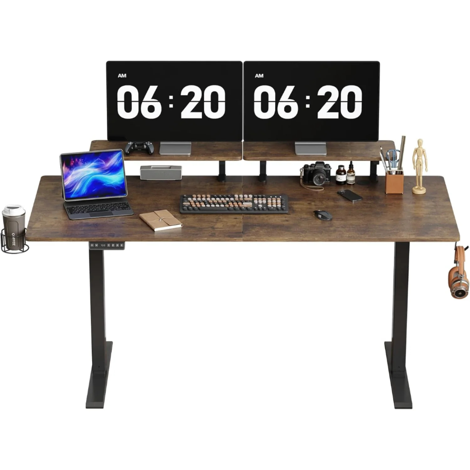 (Discontinued) 63 x 24 Inch Electric Standing Desk. Home Office Stand Up Desk with 2 Adjustable Monitor Shelves. Adjustable Computer Desk with Cup Holder and Hook