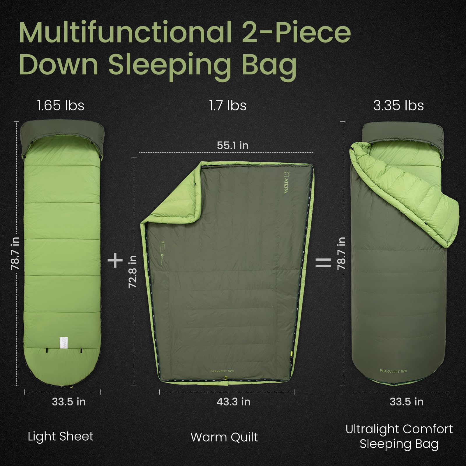 ATEPA 3-in-1 Backpacking Sleeping Bag Down Sleeping Bag 42.8°F to 6.8°F