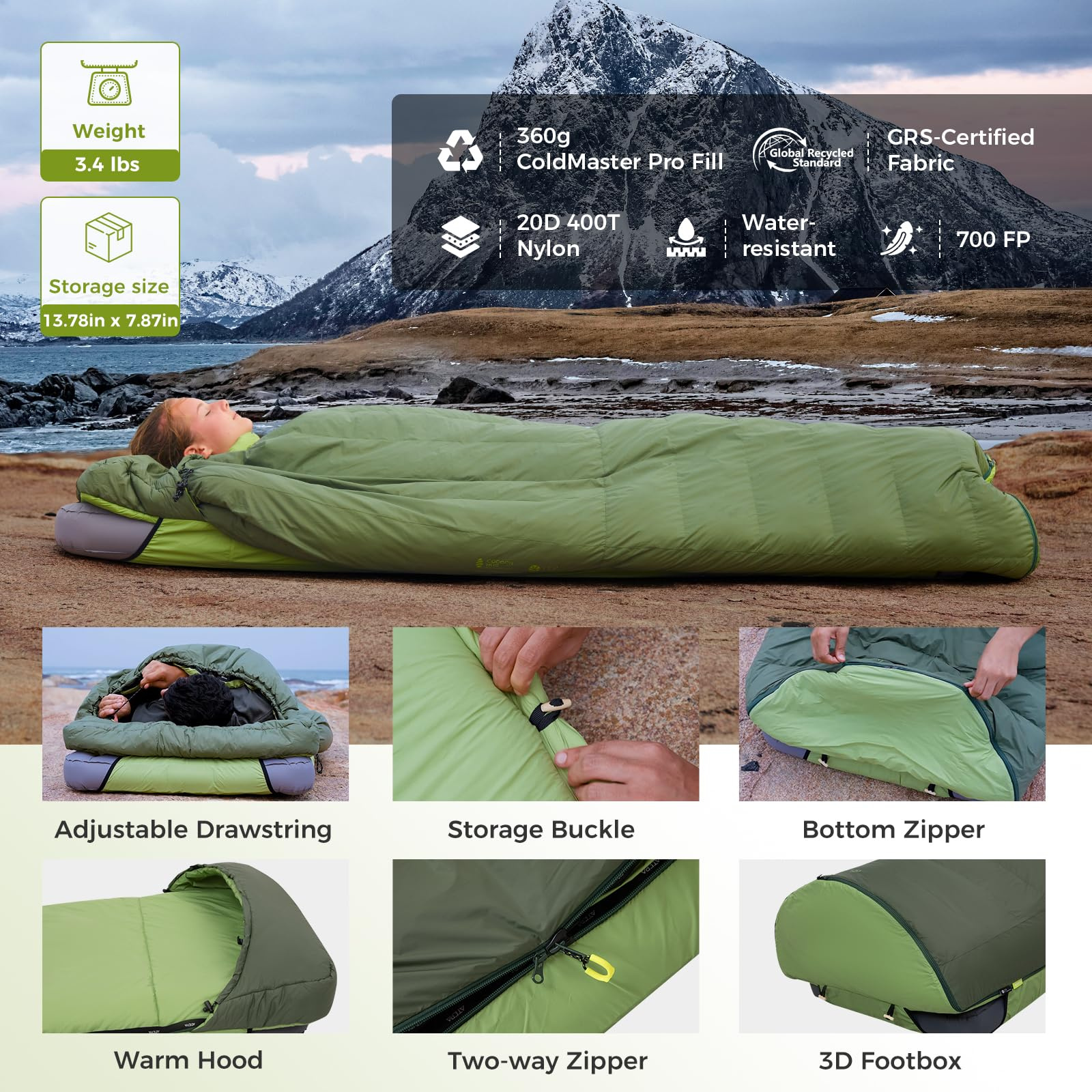 ATEPA 3-in-1 Backpacking Sleeping Bag Down Sleeping Bag 42.8°F to 6.8°F
