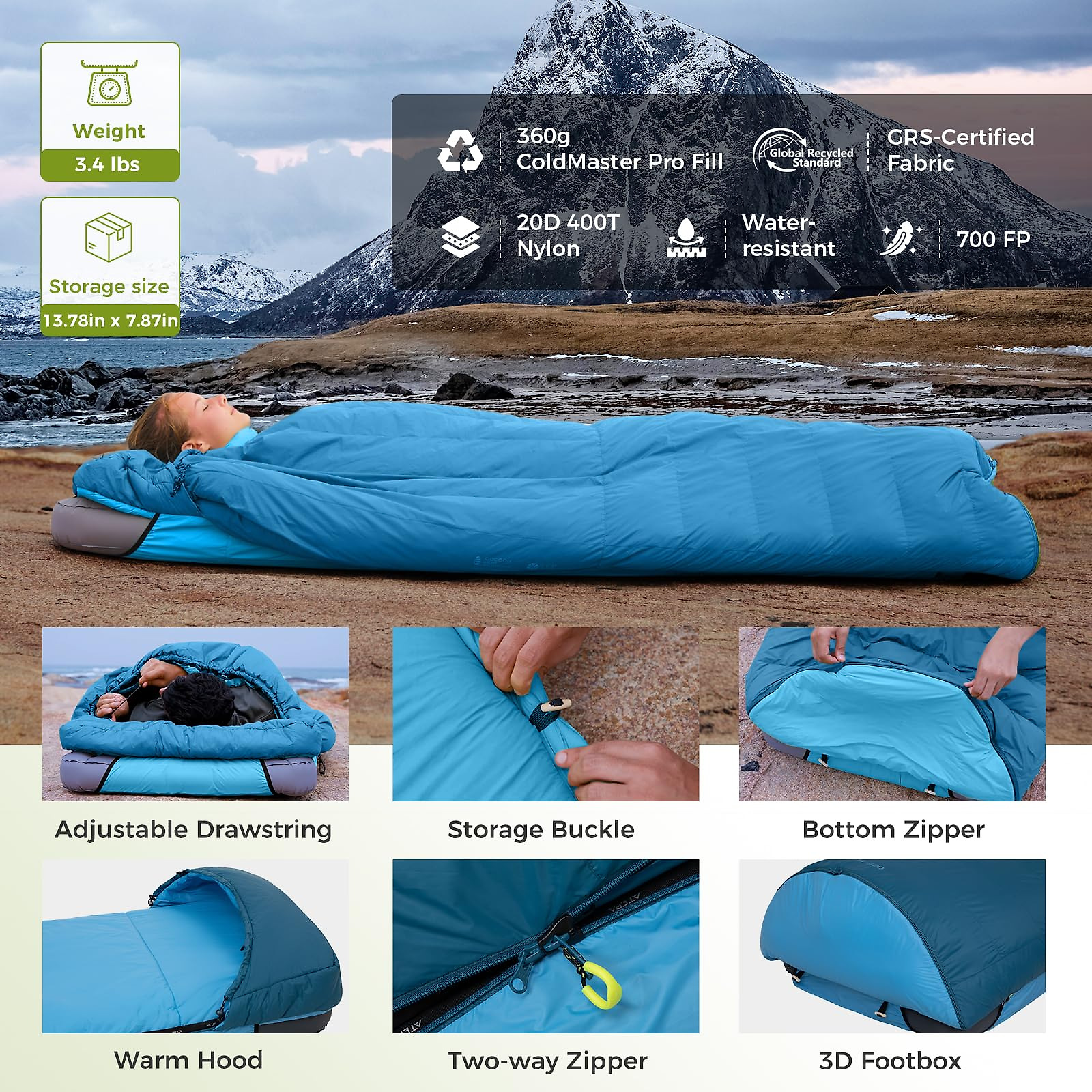 ATEPA 3-in-1 Backpacking Sleeping Bag Down Sleeping Bag 42.8°F to 6.8°F