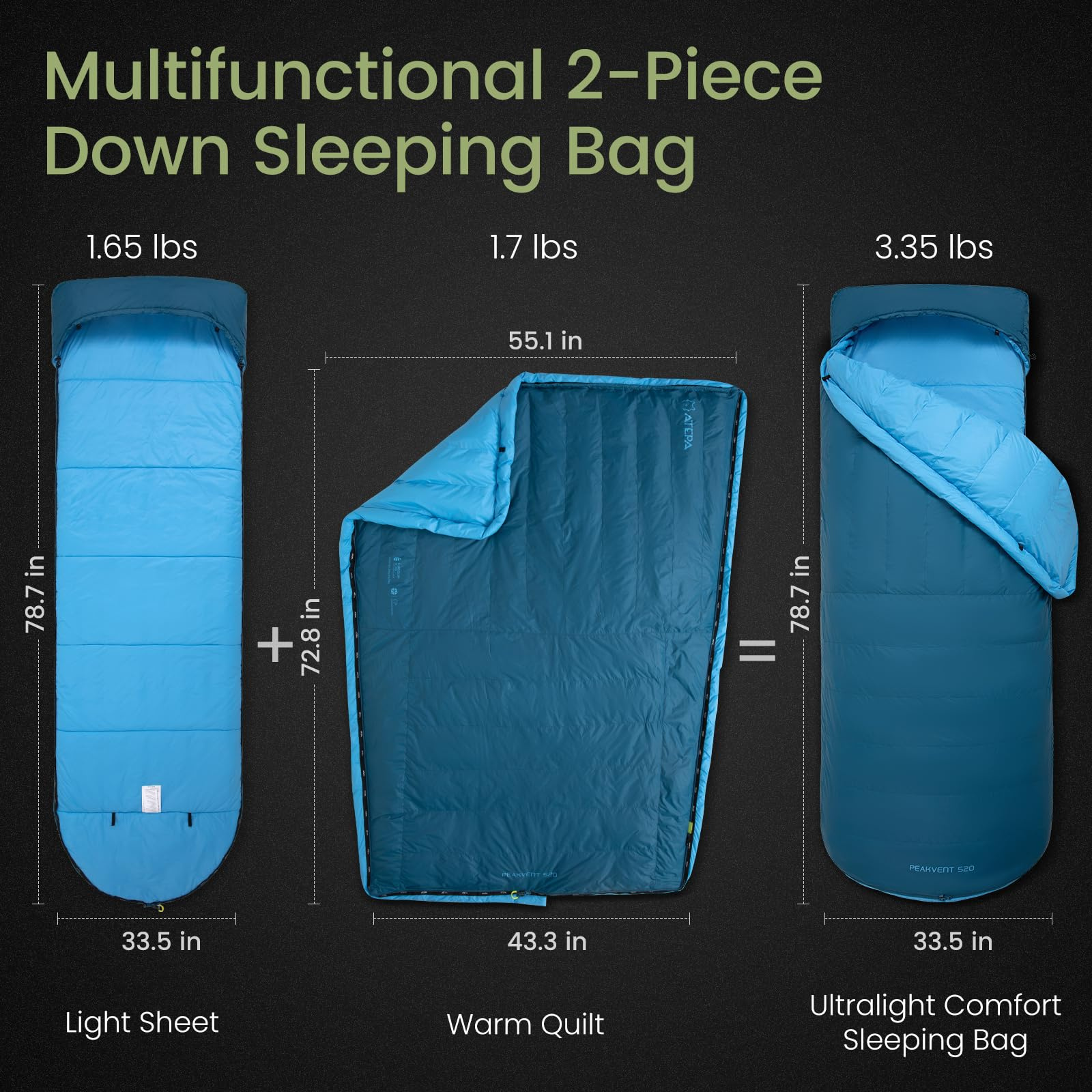 ATEPA 3-in-1 Backpacking Sleeping Bag Down Sleeping Bag 42.8°F to 6.8°F