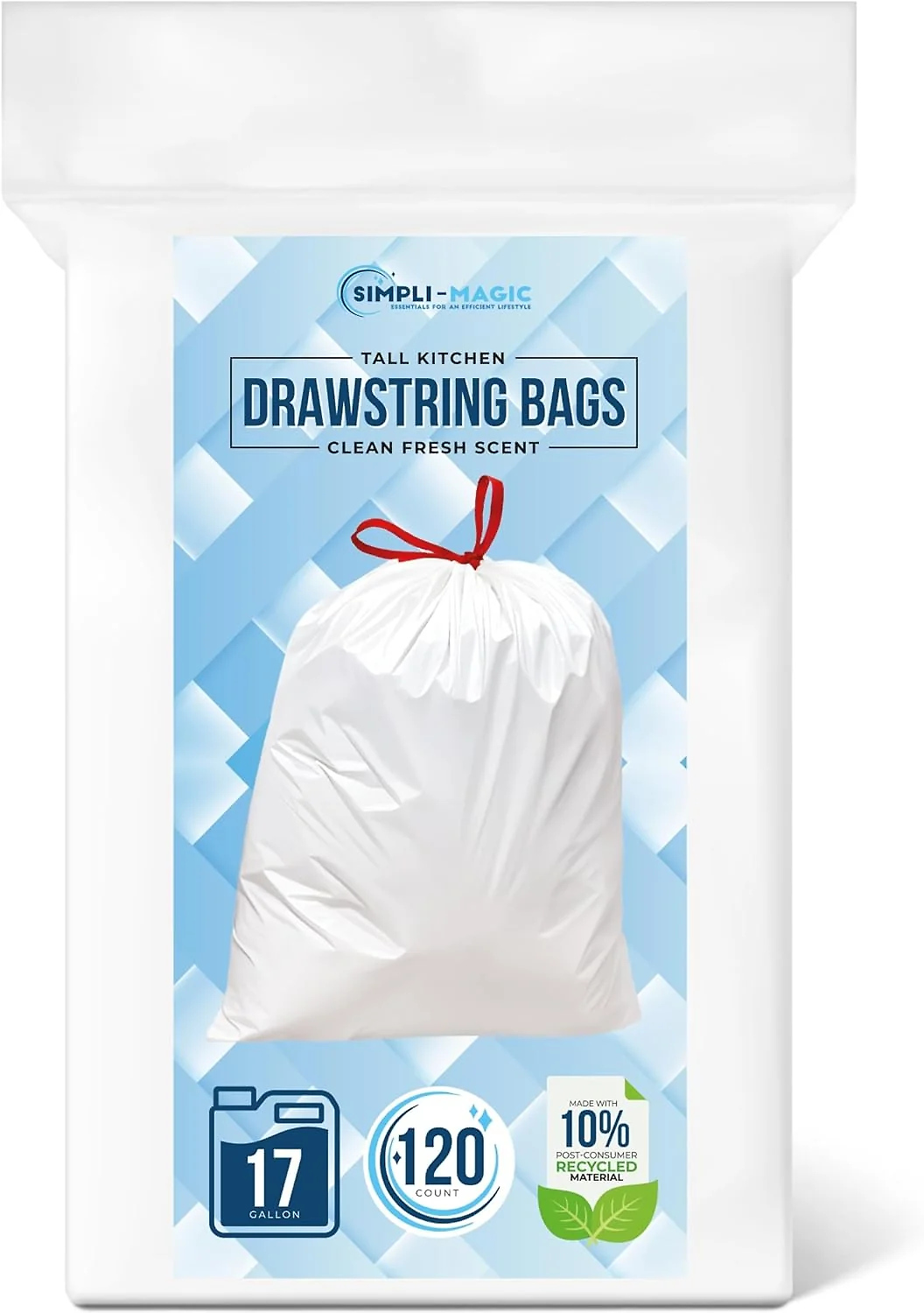 SIMPLI-MAGIC 17 Gallon Drawstring Trash Bags. 120 Pack – Tall Kitchen Garbage Bags. Custom Made with Premium Materials (White)