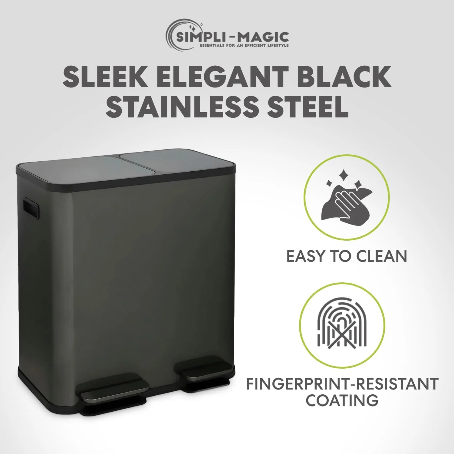 70 Liter / 18.5 Gallon Dual Compartment Recycling Trash Can – Hands-Free Kitchen Step Bin with Soft-Close Lid. Odor Filter. Stainless Steel Foot Pedal. Black Finish (40L + 30L) Elegant Black Finish