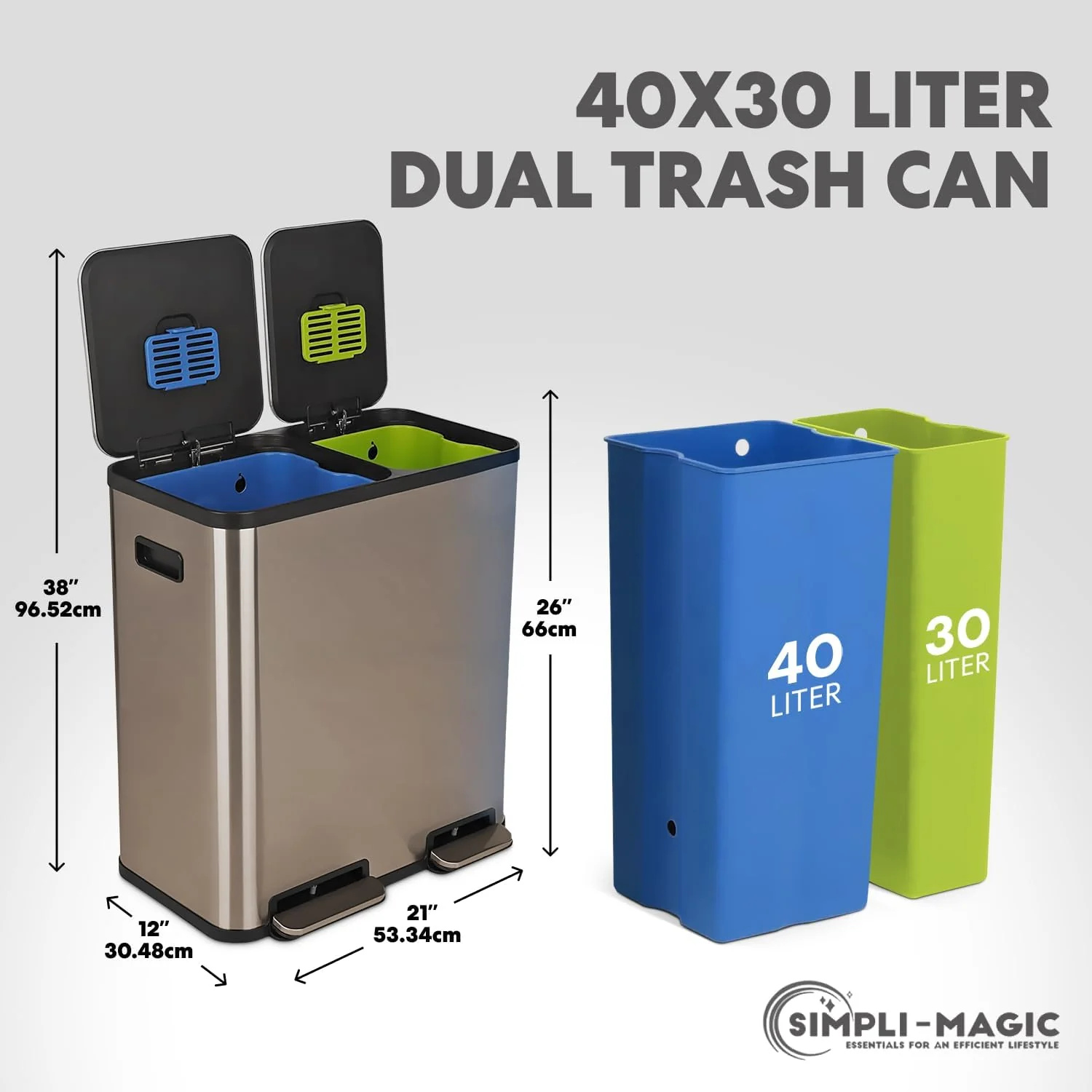 70 Liter / 18.5 Gallon Dual Compartment Recycling Trash Can – Hands-Free Kitchen Step Bin with Soft-Close Lid. Odor Filter. Stainless Steel Foot Pedal. Black Finish (40L + 30L) Rose Gold Finish