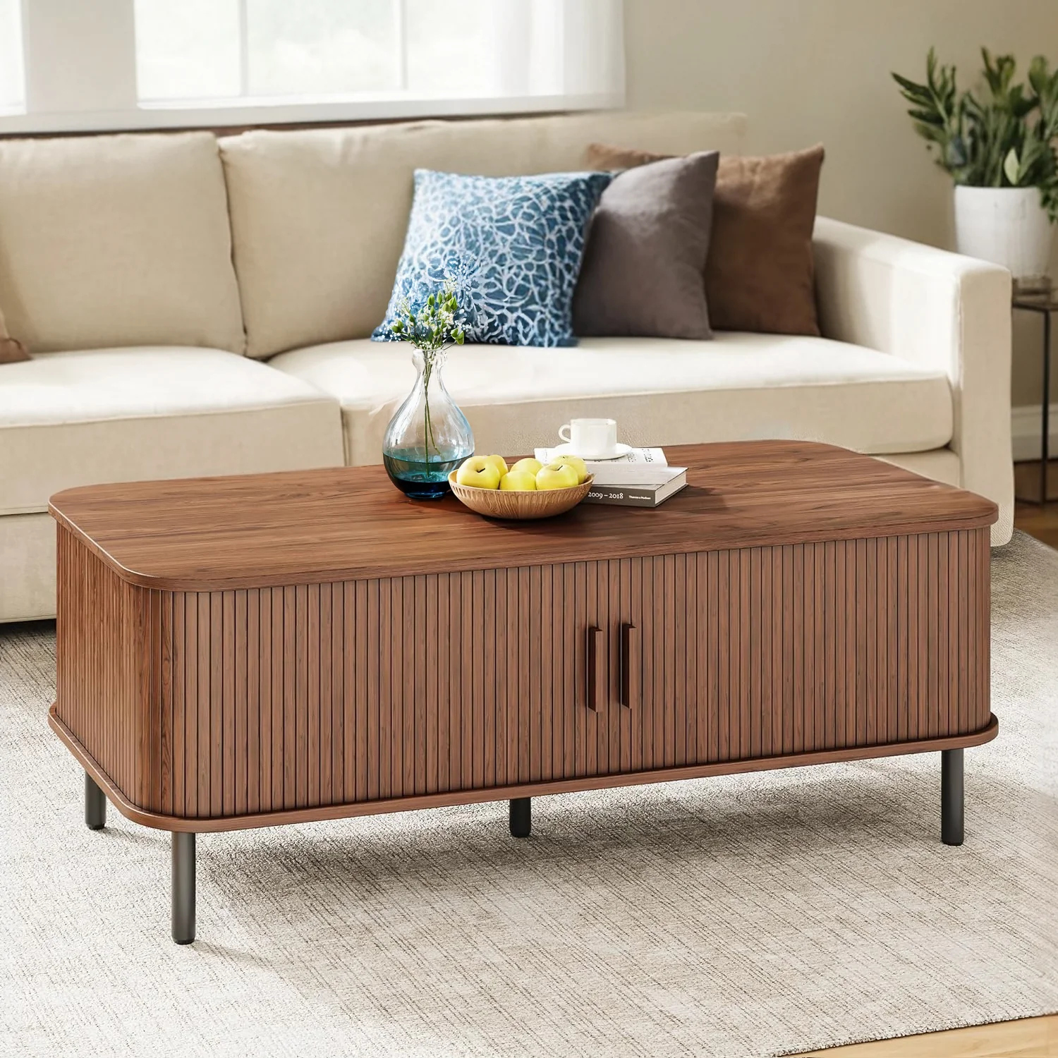 (Discontinued) 47.2 Inch Mid Century Modern Coffee Table with Storage. Rectangle Wood Center Table with Sliding Tambour Door and Adjustable Leg