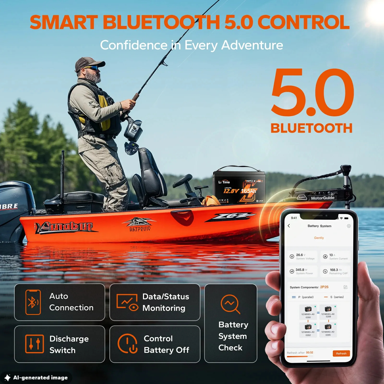 LiTime 12V 165Ah Bluetooth Lithium Deep Cycle Battery for RV and Marine