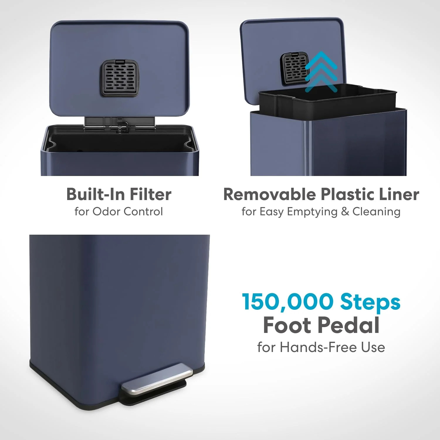 50 Liter / 13.2 Gallon Soft-Close. Smudge Resistant Trash Can with Foot Pedal and Built in Filter- Blue