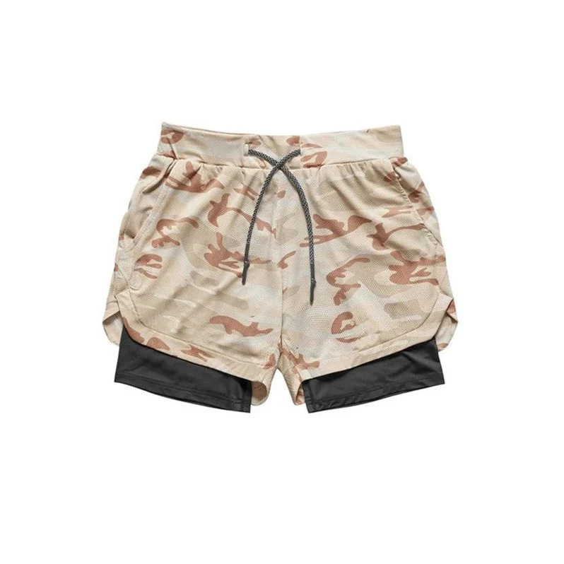 2 in 1 Camo Athletic Shorts with Inner Compression Layer for Men