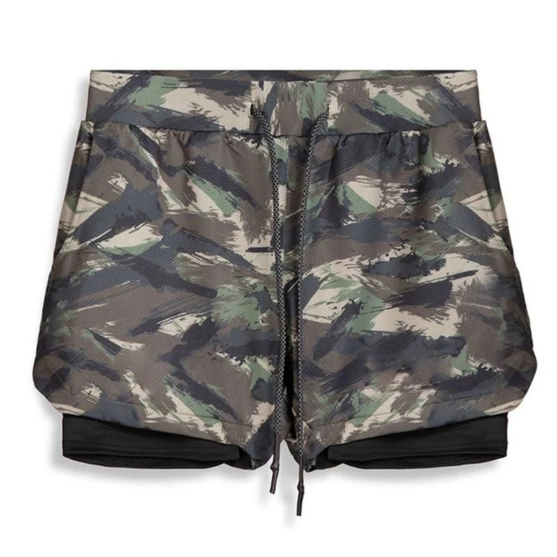2 in 1 Camo Athletic Shorts with Inner Compression Layer for Men