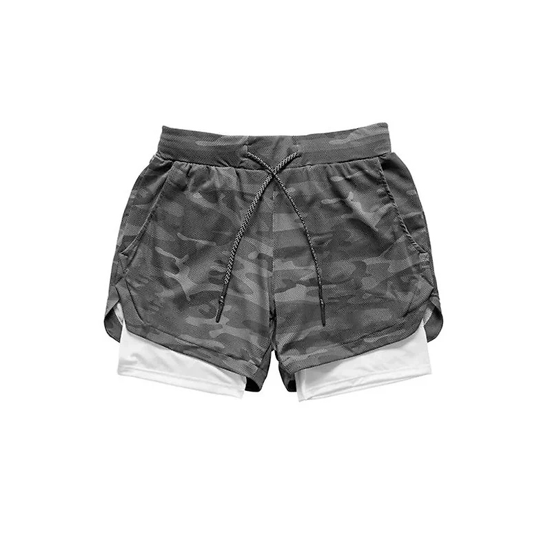 2 in 1 Camo Athletic Shorts with Inner Compression Layer for Men