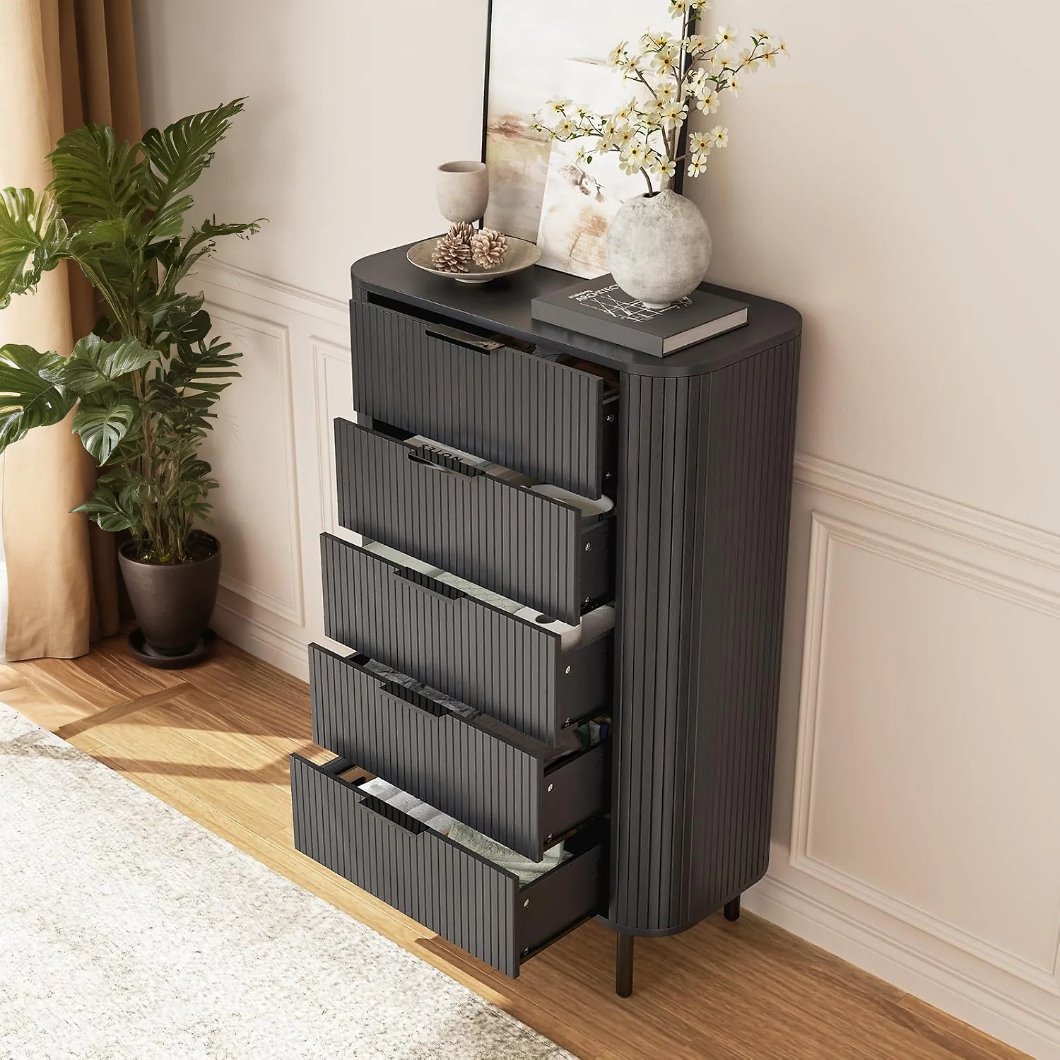 (Discontinued) Fluted 5 Drawer Dresser. Tall Chest of Drawers with Metal Handle and Curved Profile Design