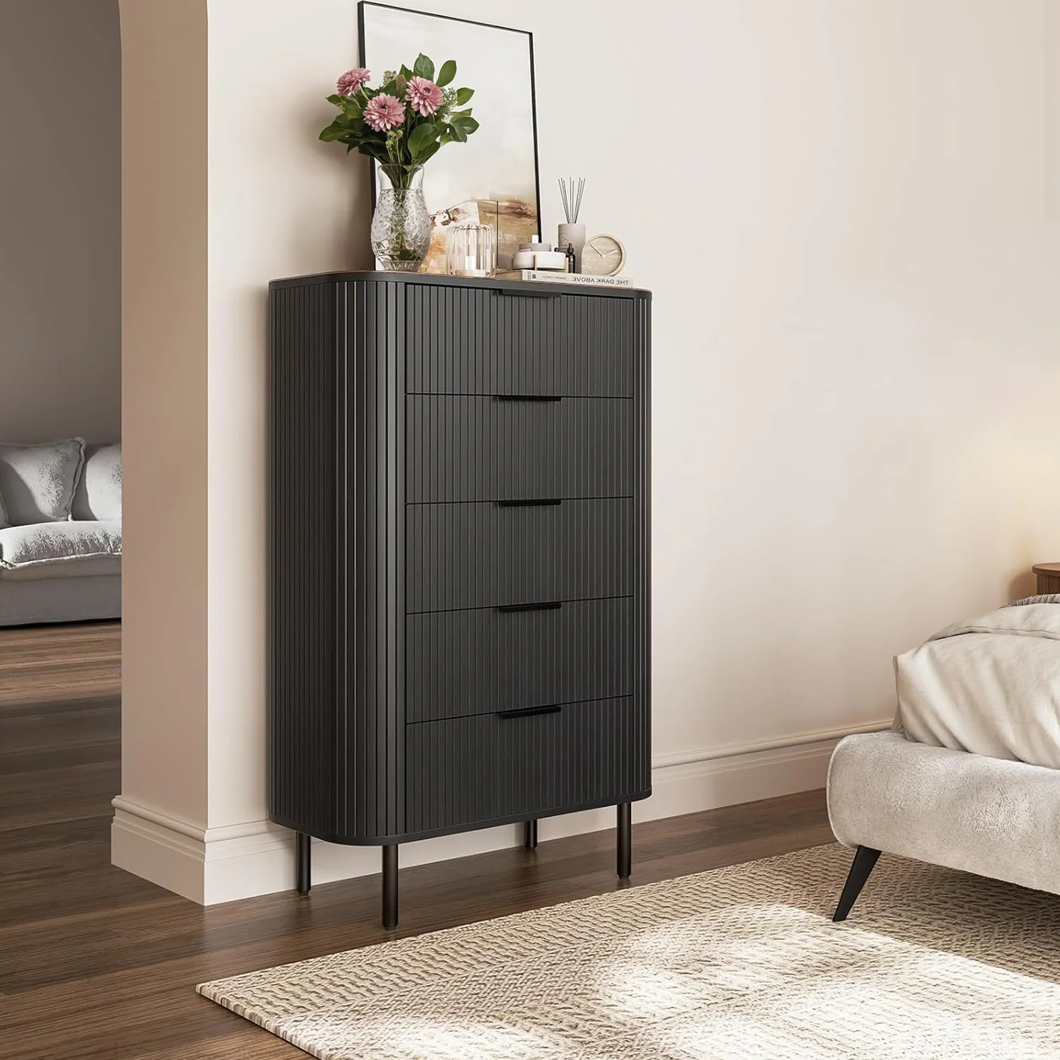 (Discontinued) Fluted 5 Drawer Dresser. Tall Chest of Drawers with Metal Handle and Curved Profile Design