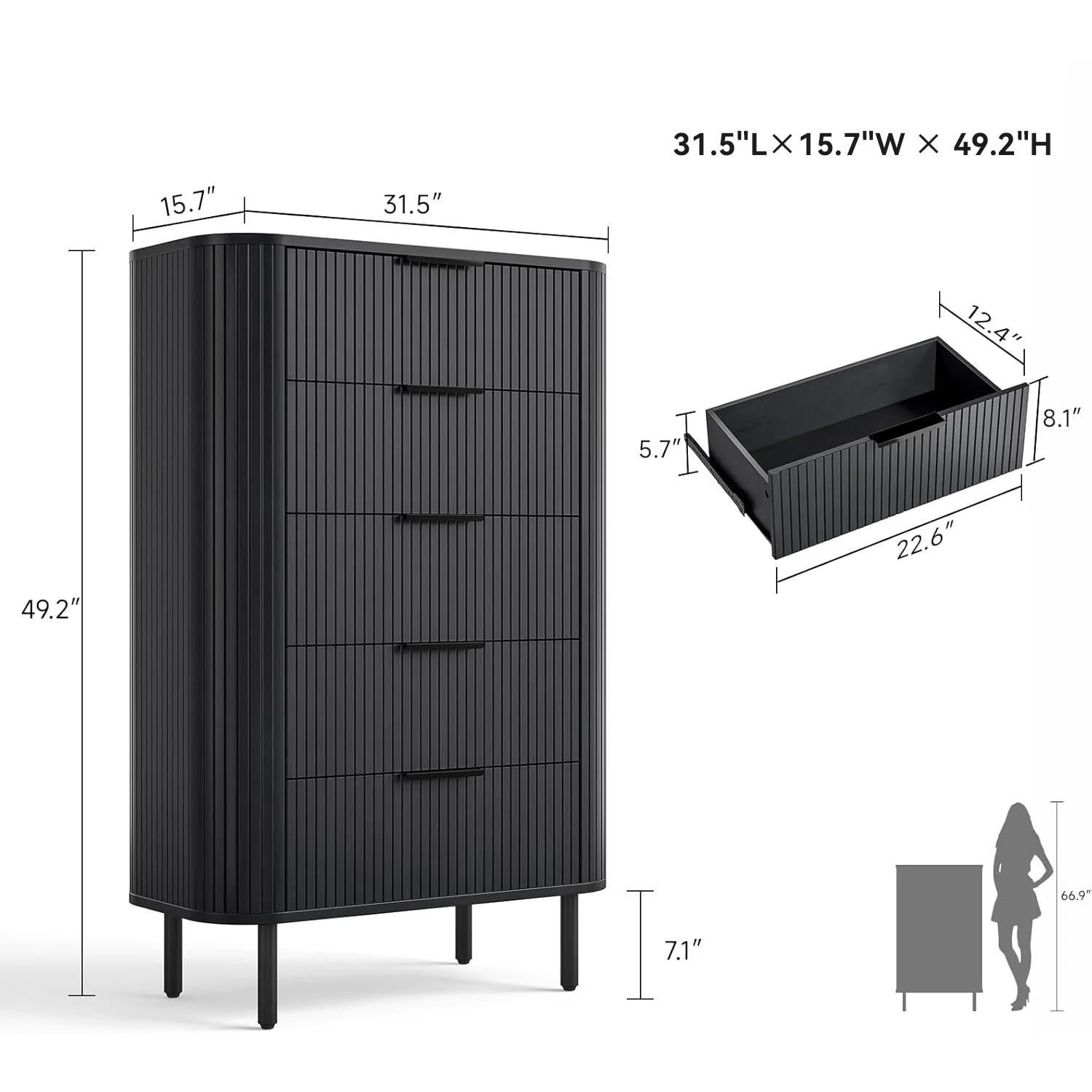 (Discontinued) Fluted 5 Drawer Dresser. Tall Chest of Drawers with Metal Handle and Curved Profile Design