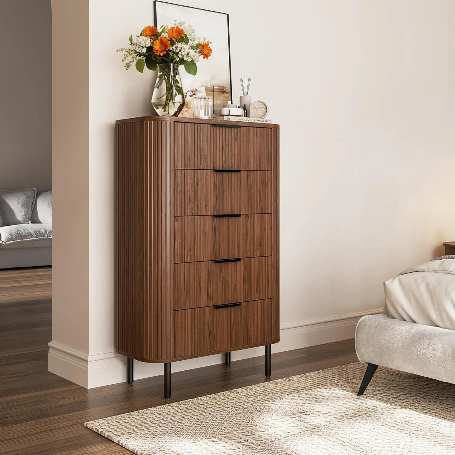 (Discontinued) Fluted 5 Drawer Dresser. Tall Chest of Drawers with Metal Handle and Curved Profile Design