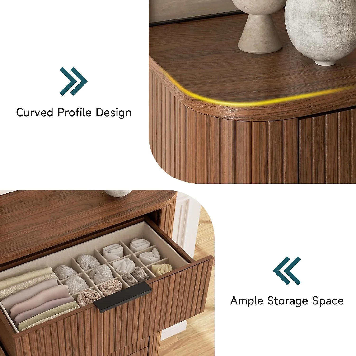 (Discontinued) Fluted 5 Drawer Dresser. Tall Chest of Drawers with Metal Handle and Curved Profile Design