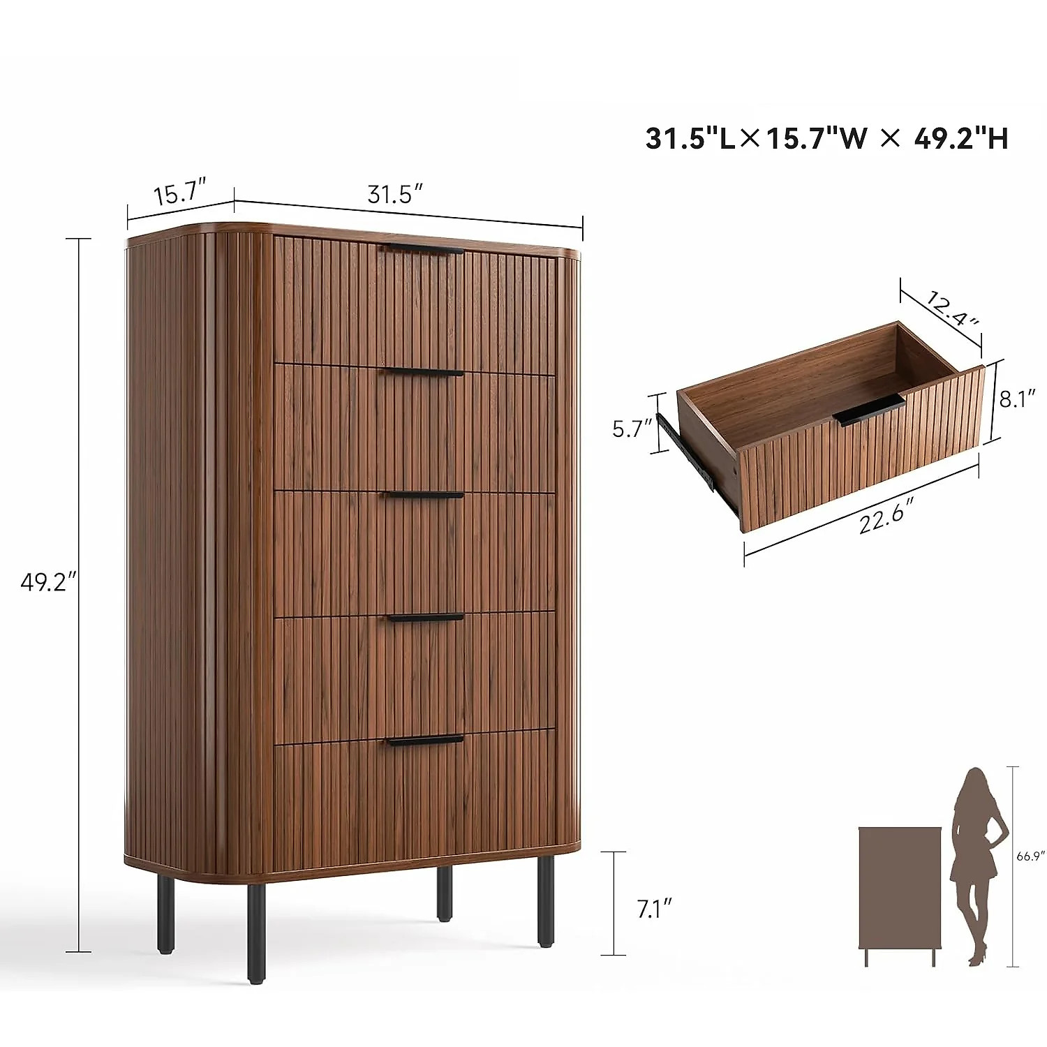 (Discontinued) Fluted 5 Drawer Dresser. Tall Chest of Drawers with Metal Handle and Curved Profile Design