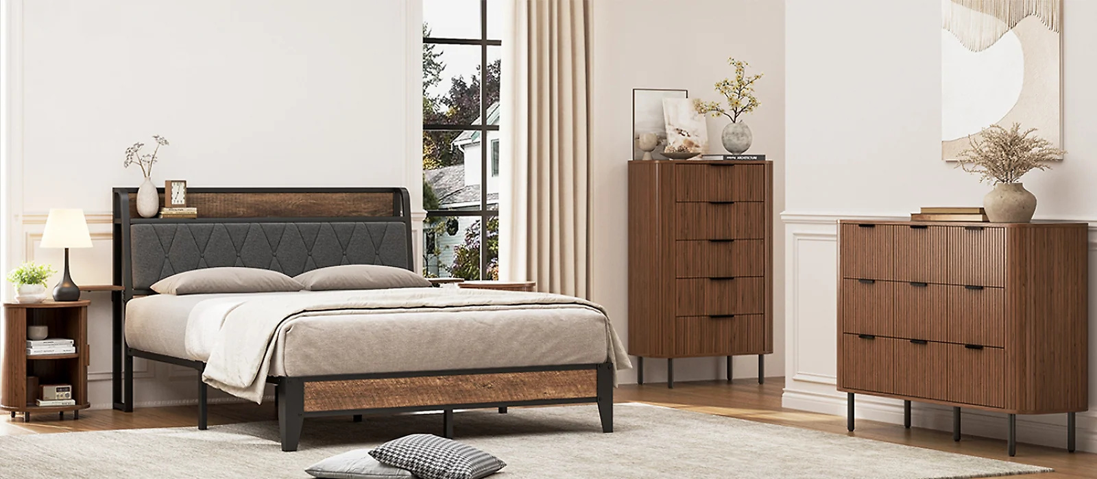 (Discontinued) Fluted 5 Drawer Dresser. Tall Chest of Drawers with Metal Handle and Curved Profile Design