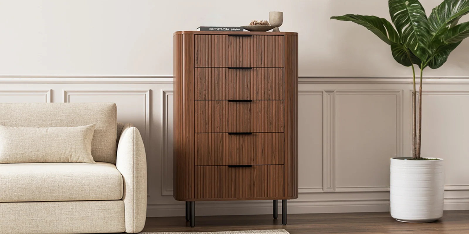 (Discontinued) Fluted 5 Drawer Dresser. Tall Chest of Drawers with Metal Handle and Curved Profile Design