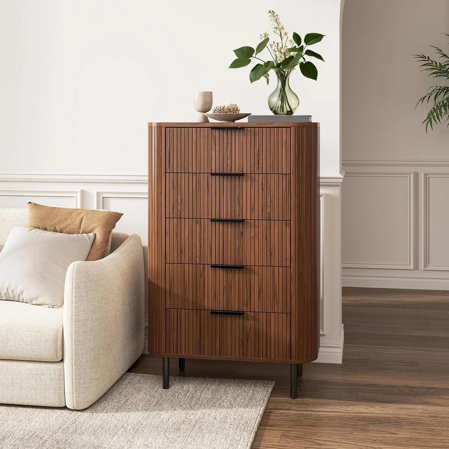 (Discontinued) Fluted 5 Drawer Dresser. Tall Chest of Drawers with Metal Handle and Curved Profile Design