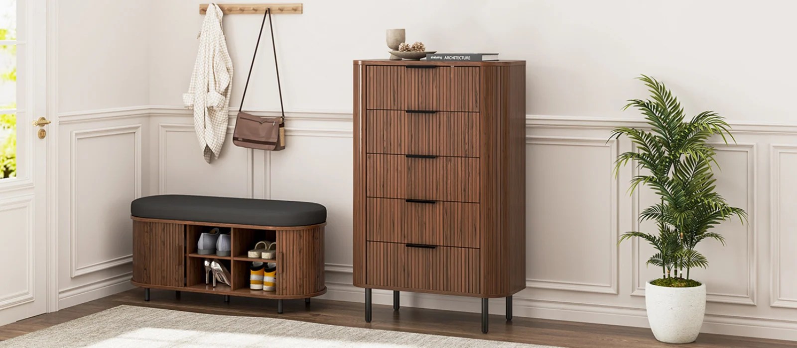 (Discontinued) Fluted 5 Drawer Dresser. Tall Chest of Drawers with Metal Handle and Curved Profile Design