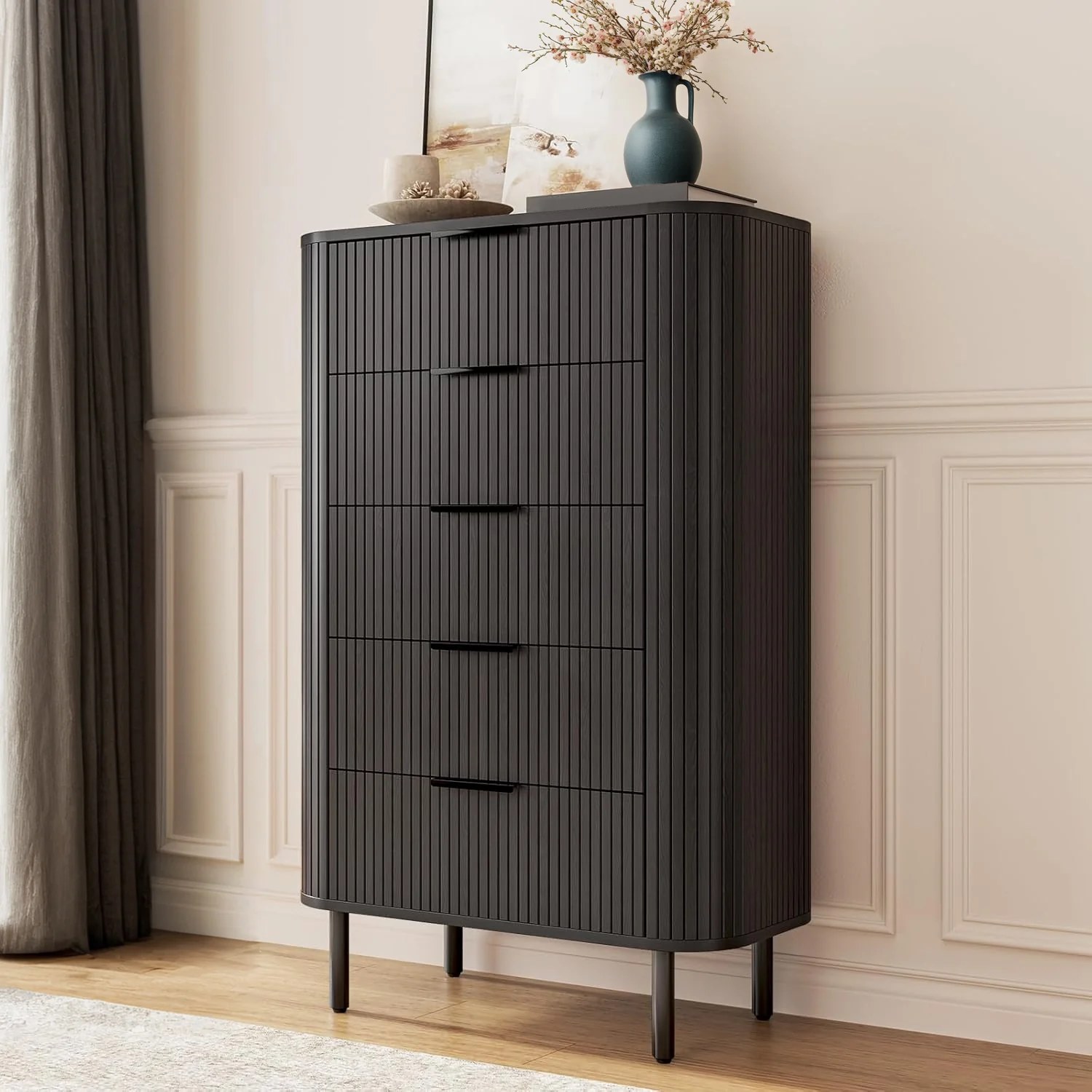 (Discontinued) Fluted 5 Drawer Dresser. Tall Chest of Drawers with Metal Handle and Curved Profile Design