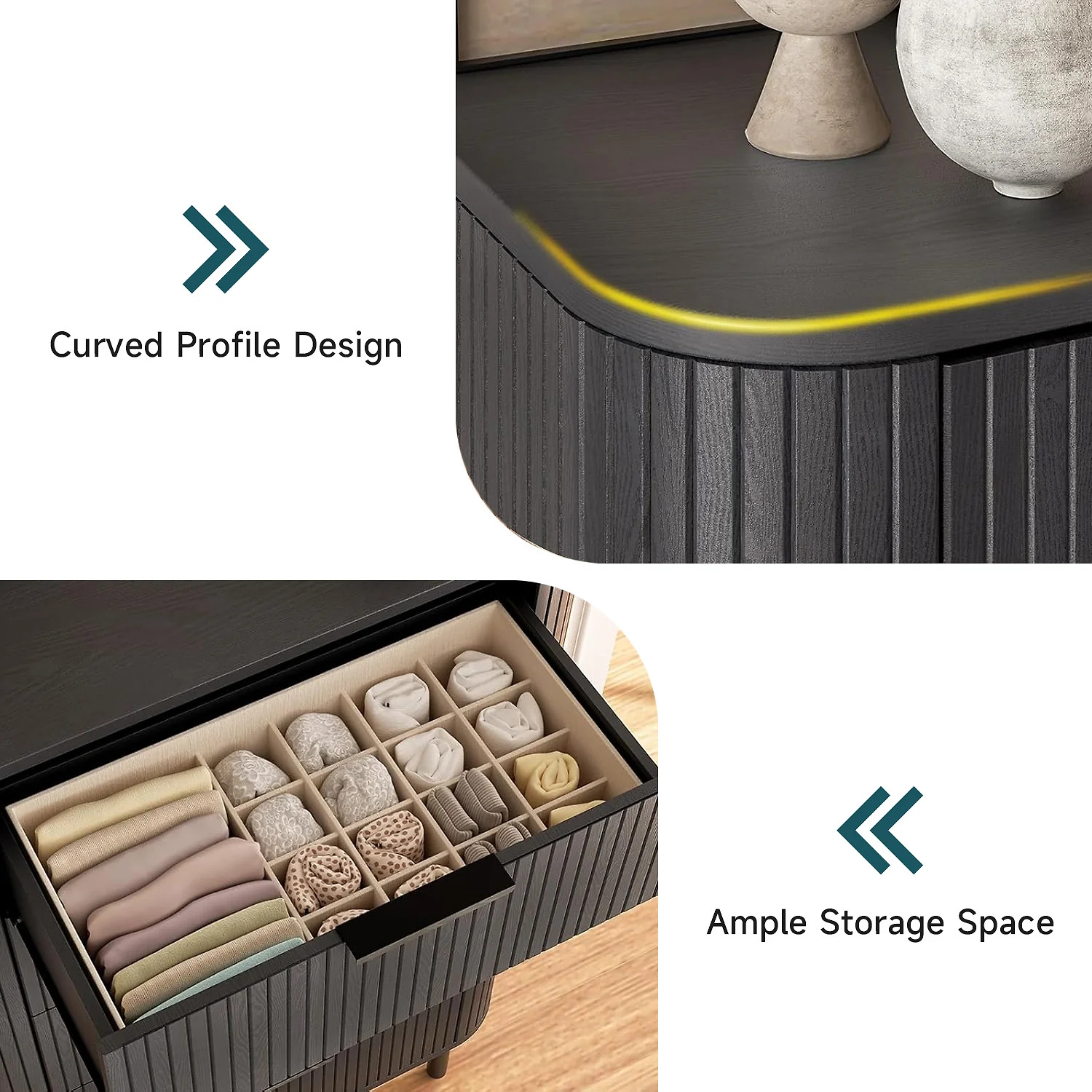 (Discontinued) Fluted 5 Drawer Dresser. Tall Chest of Drawers with Metal Handle and Curved Profile Design