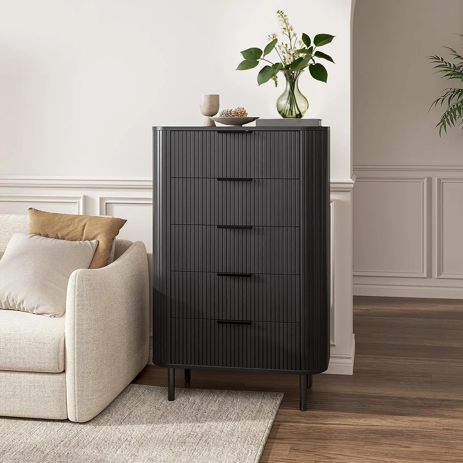 (Discontinued) Fluted 5 Drawer Dresser. Tall Chest of Drawers with Metal Handle and Curved Profile Design