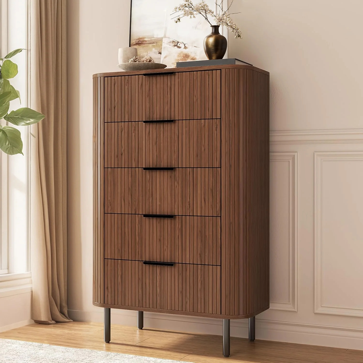 (Discontinued) Fluted 5 Drawer Dresser. Tall Chest of Drawers with Metal Handle and Curved Profile Design
