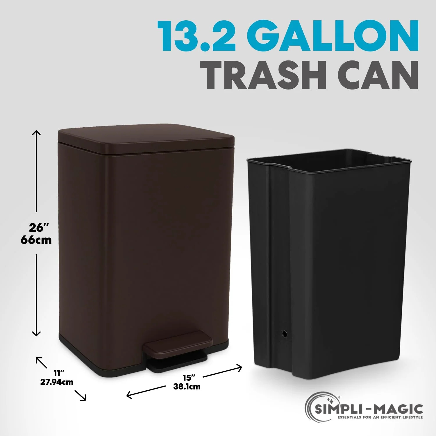 50 Liter / 13.2 Gallon Soft-Close. Smudge Resistant Trash Can with Foot Pedal and Built in Filter- Brown
