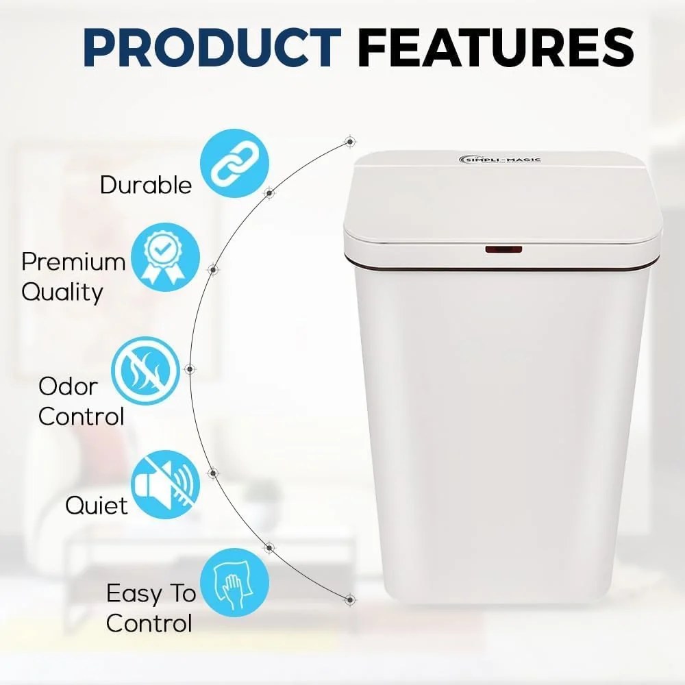 SIMPLI-MAGIC 13 Gallon (50L) Motion Sensor Touchless Trash Can – Automatic Hands-Free Garbage Can for Kitchen. Home. Office