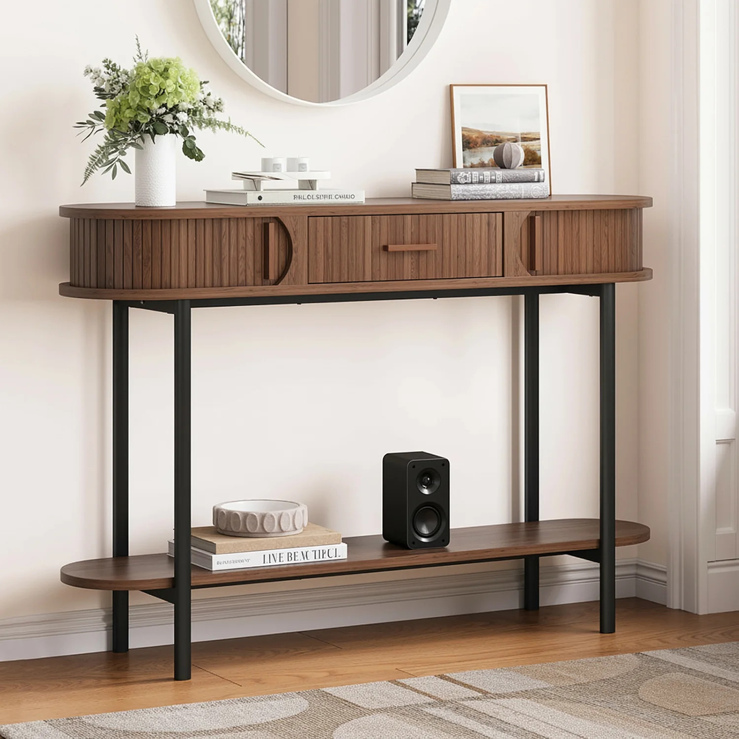 (Discontinued) 47.2 Narrow Console Table. Fluted Entryway Table with Drawers. Sliding Doors and Storage Shelf for Living Room. Hallway. Behind Couch