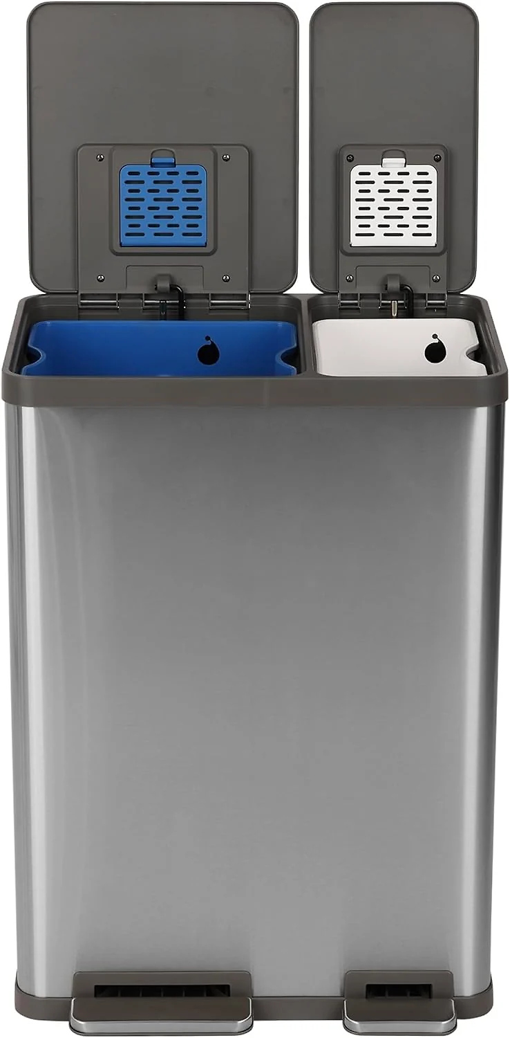 SIMPLI-MAGIC 16 Gallon (38L x 22L) Dual Compartment Step Trash Can – Kitchen Garbage Can With Waste & Recycling Bins – Slow-Close Lid. Odor Control. Hands-Free. Easy to Clean. Brushed Stainless Steel