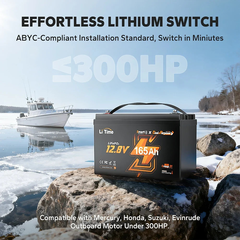 LiTime 12V 165Ah 1200 CCA Dual Purpose Marine Lithium Battery | Bluetooth & Auto Heating