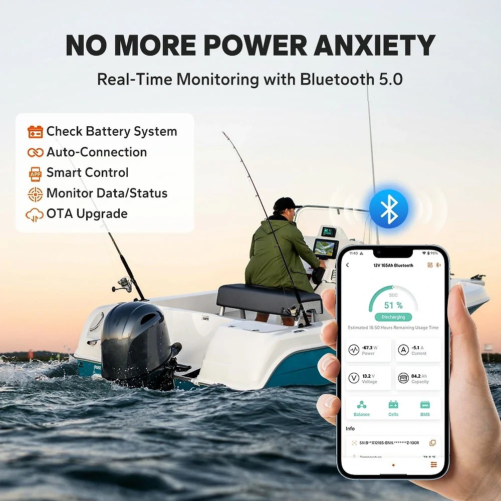 LiTime 12V 165Ah 1200 CCA Dual Purpose Marine Lithium Battery | Bluetooth & Auto Heating