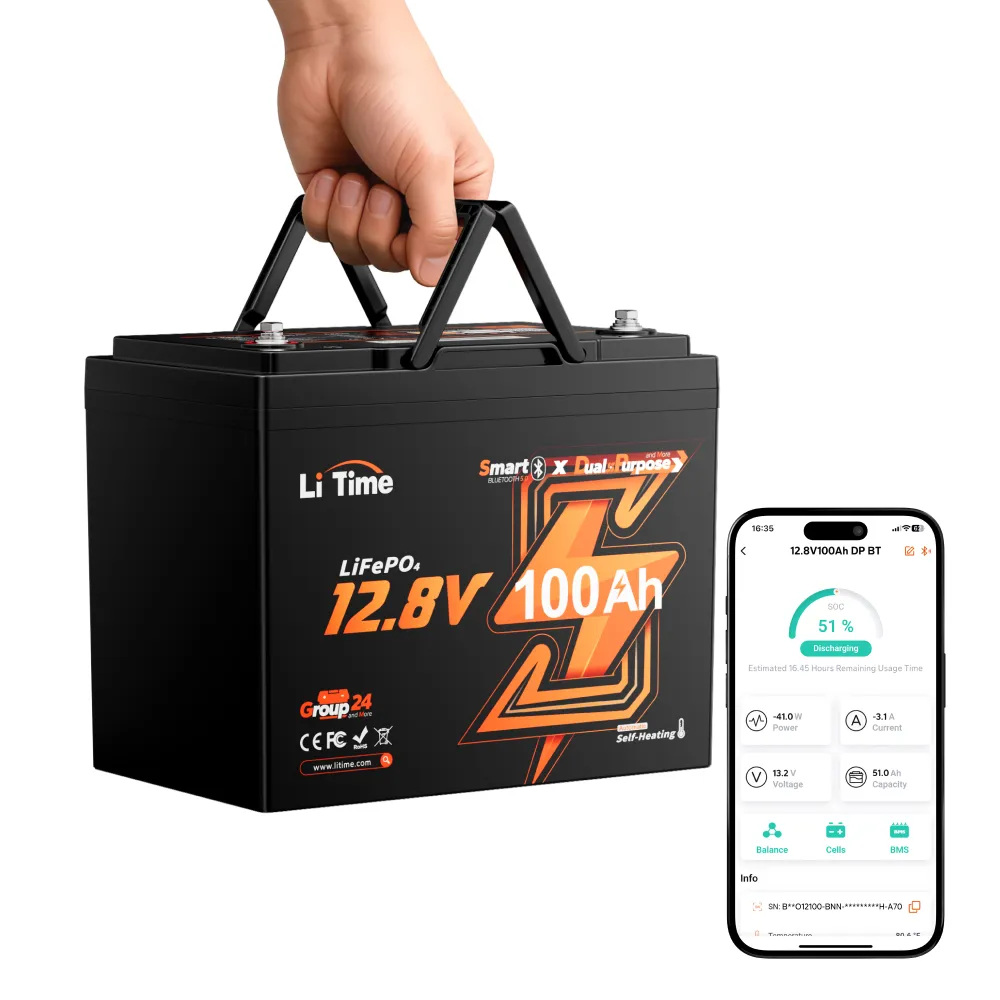LiTime 12V 100Ah 900 CCA Group 24 Dual Purpose Marine Lithium Battery | Bluetooth & Auto Heating