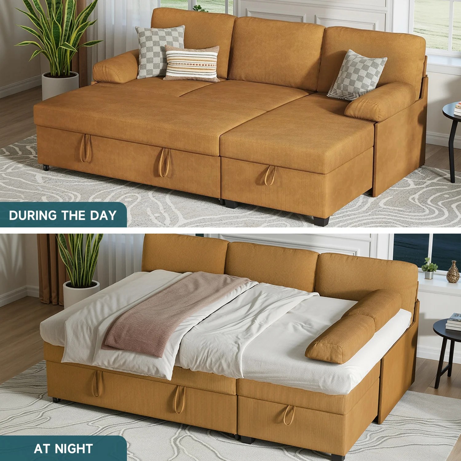 (Discontinued) Convertible L-Shaped Sectional Sofa Bed with Reversible Chaise. Corduroy Sleeper Sofa with Storage & Pull-Out Design