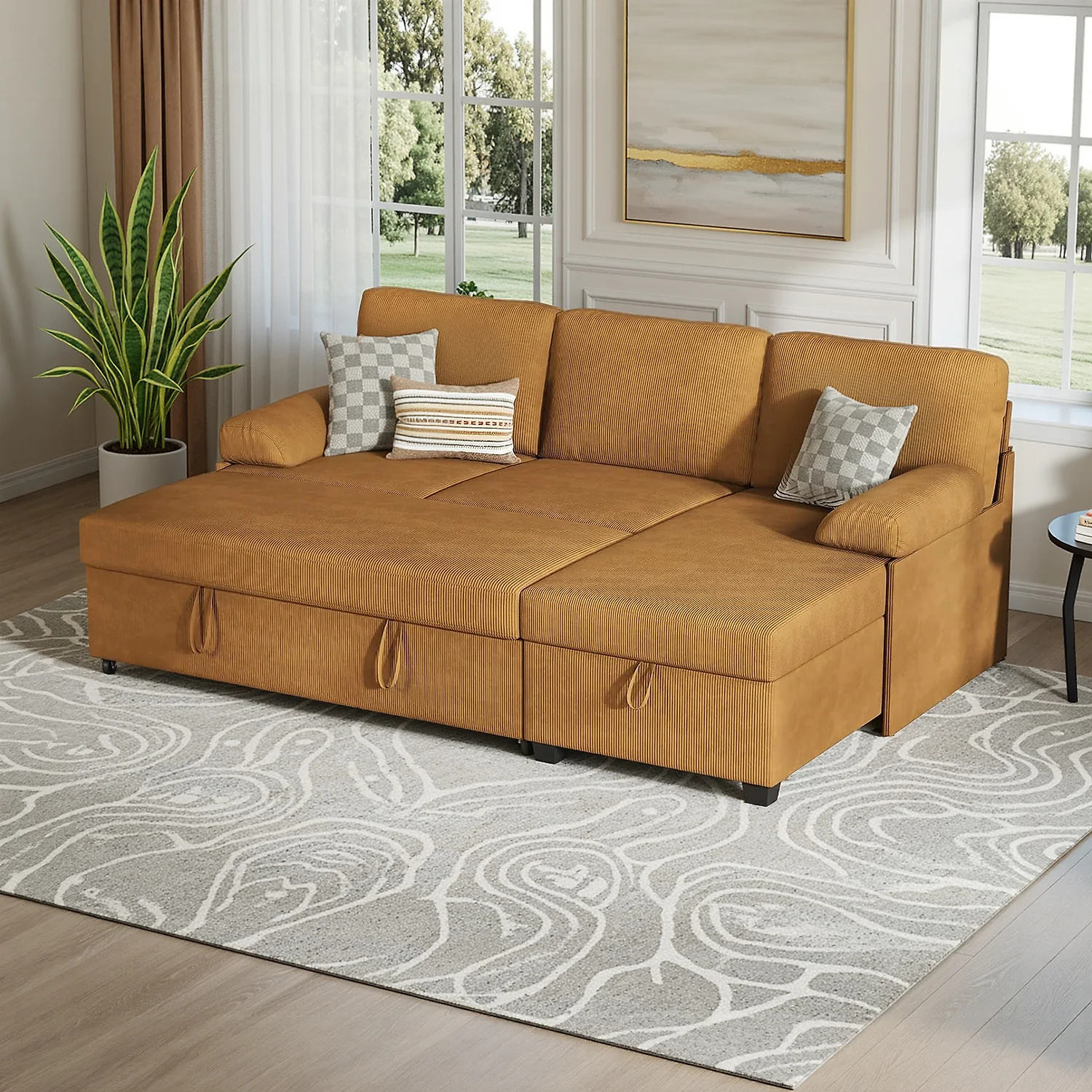 (Discontinued) Convertible L-Shaped Sectional Sofa Bed with Reversible Chaise. Corduroy Sleeper Sofa with Storage & Pull-Out Design