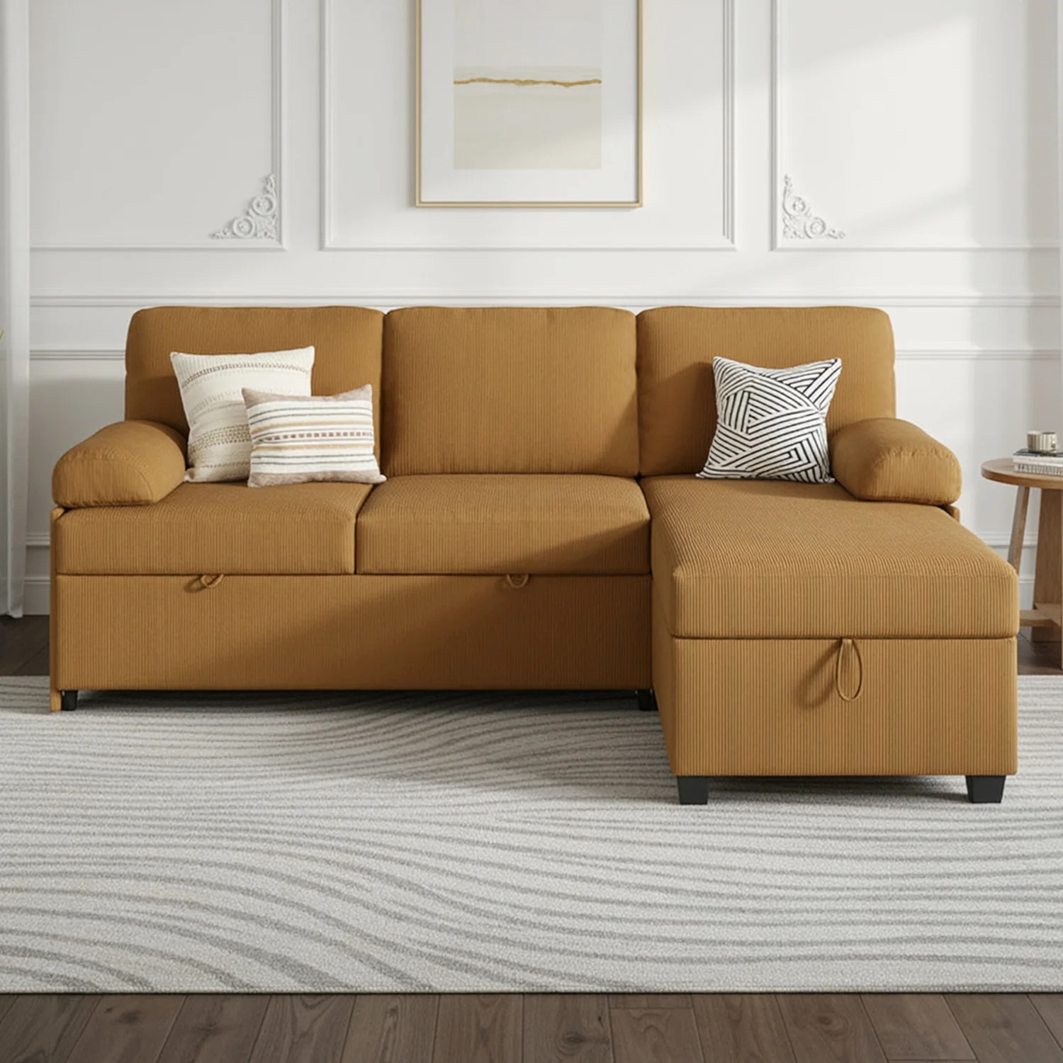 (Discontinued) Convertible L-Shaped Sectional Sofa Bed with Reversible Chaise. Corduroy Sleeper Sofa with Storage & Pull-Out Design