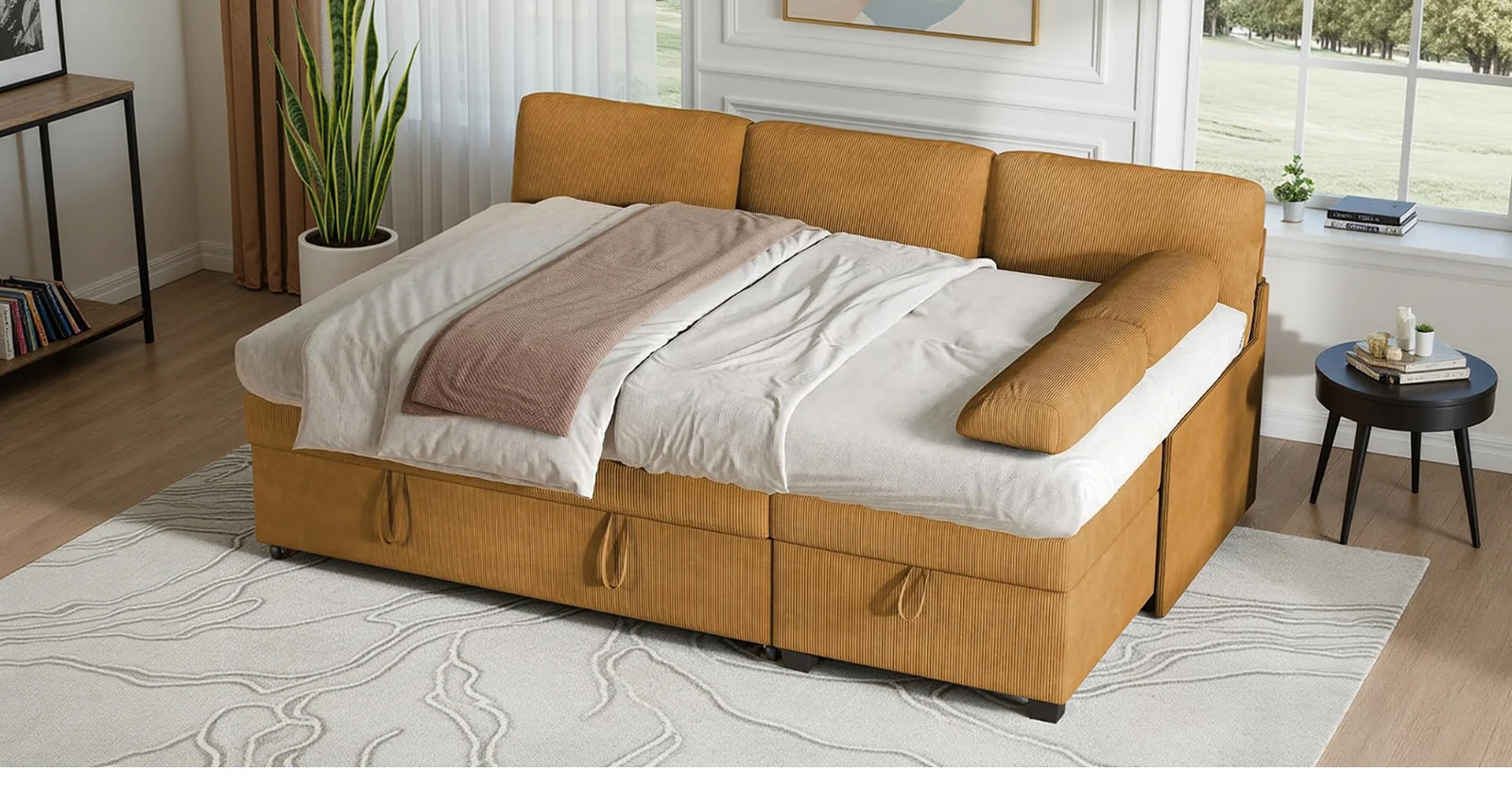 (Discontinued) Convertible L-Shaped Sectional Sofa Bed with Reversible Chaise. Corduroy Sleeper Sofa with Storage & Pull-Out Design