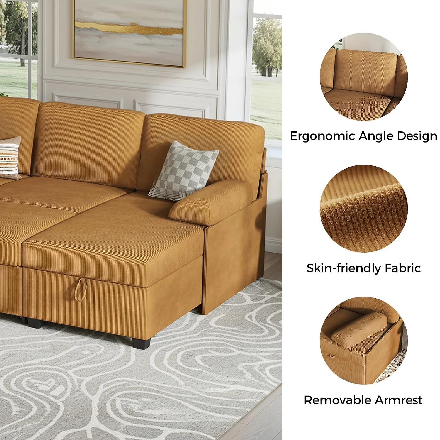(Discontinued) Convertible L-Shaped Sectional Sofa Bed with Reversible Chaise. Corduroy Sleeper Sofa with Storage & Pull-Out Design