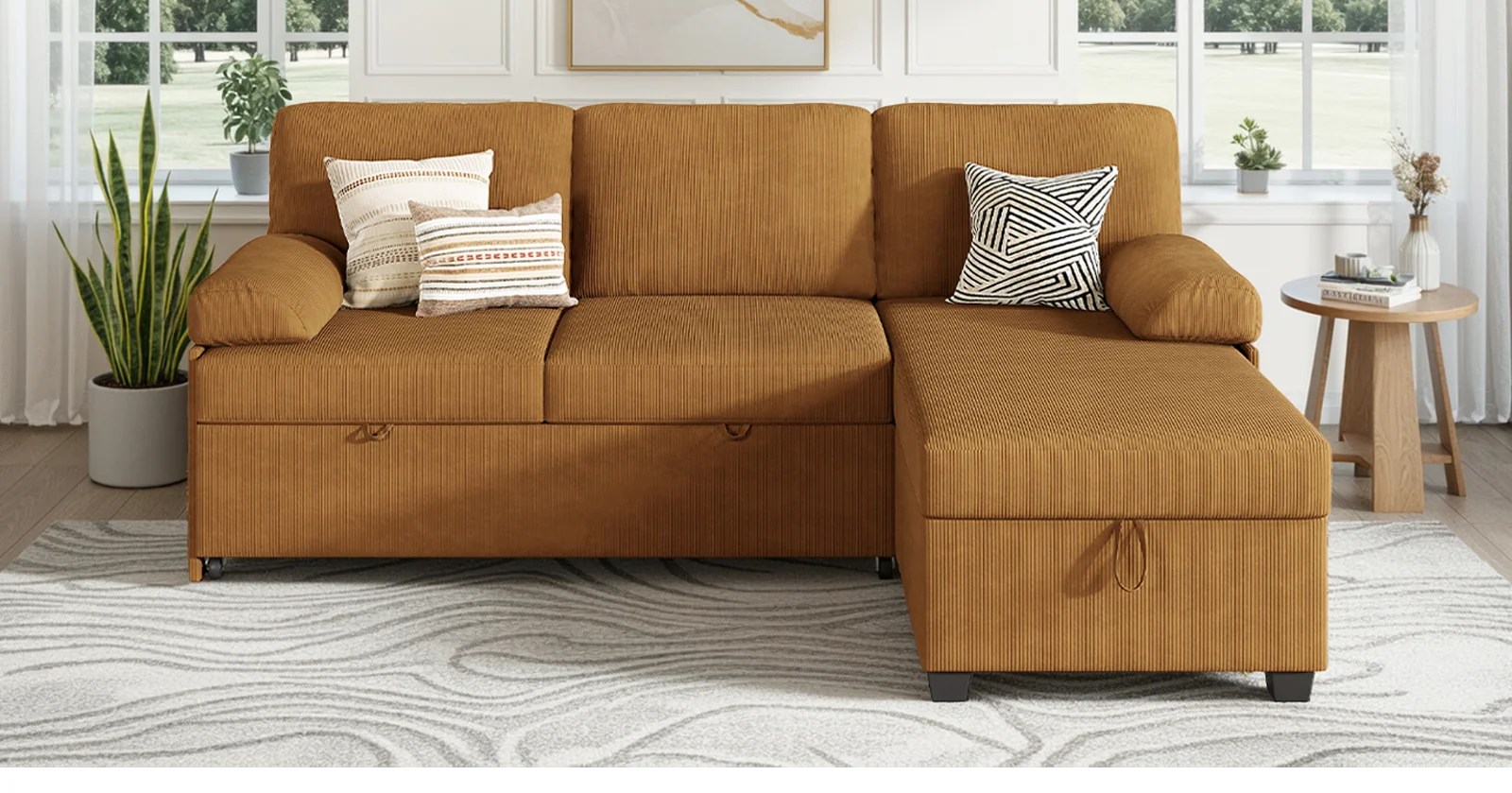 (Discontinued) Convertible L-Shaped Sectional Sofa Bed with Reversible Chaise. Corduroy Sleeper Sofa with Storage & Pull-Out Design