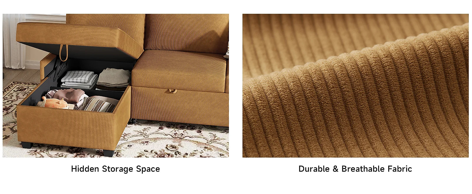 (Discontinued) Convertible L-Shaped Sectional Sofa Bed with Reversible Chaise. Corduroy Sleeper Sofa with Storage & Pull-Out Design