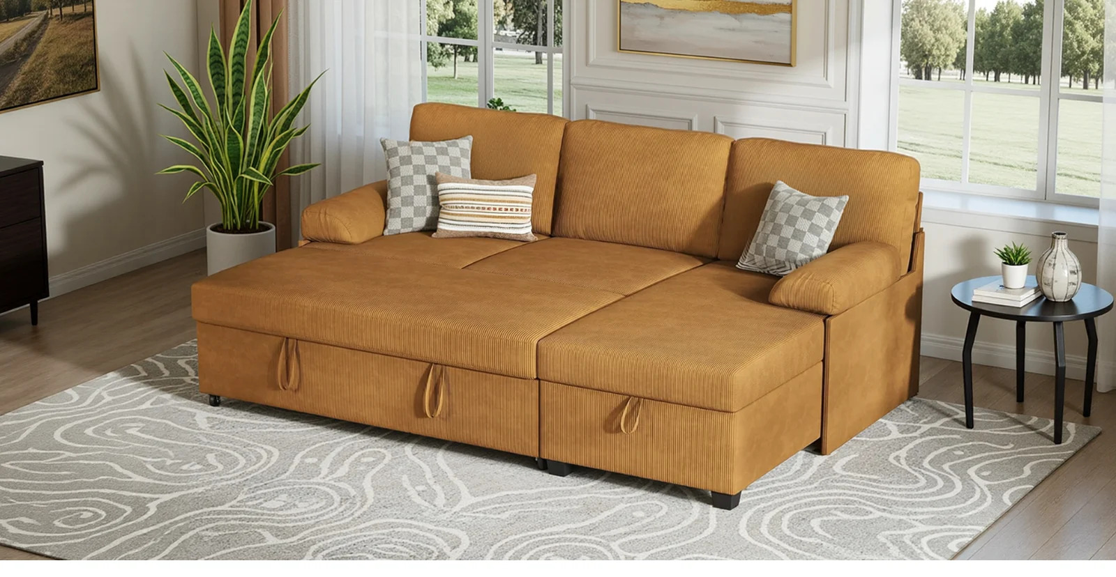 (Discontinued) Convertible L-Shaped Sectional Sofa Bed with Reversible Chaise. Corduroy Sleeper Sofa with Storage & Pull-Out Design