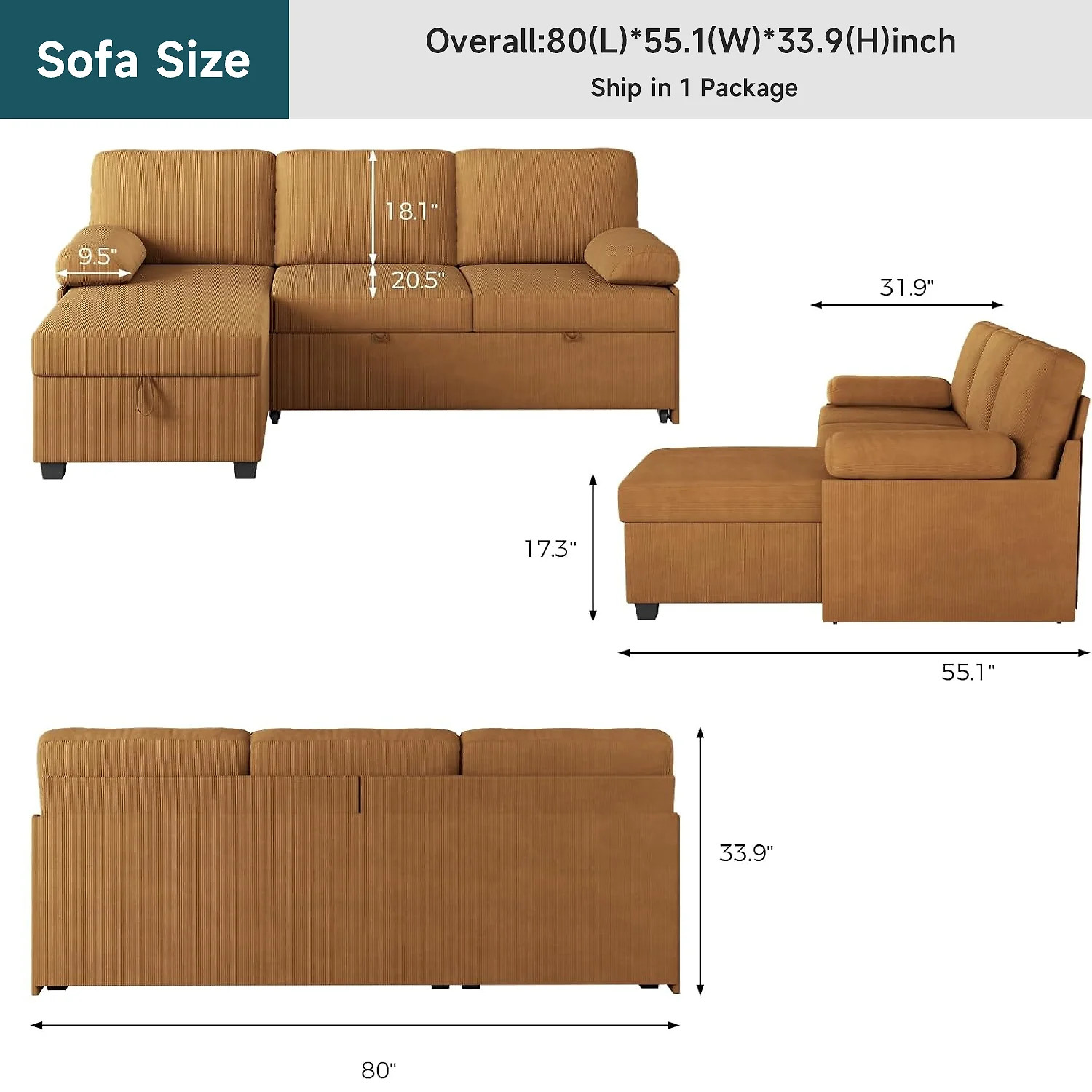 (Discontinued) Convertible L-Shaped Sectional Sofa Bed with Reversible Chaise. Corduroy Sleeper Sofa with Storage & Pull-Out Design